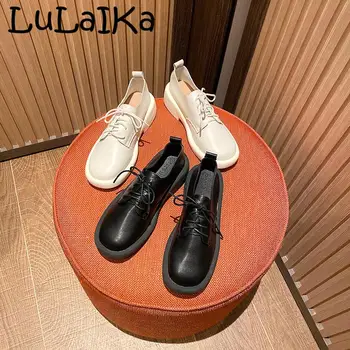 

2020 Unisex Spring Autumn New British Style Causal Shoes Round Toe Flats Lace Up Solid Oxford Shoes 3.5 Cm Size 35-39