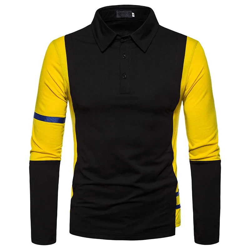 Дизайнерская мужская рубашка поло с длинным рукавом, хлопок, отложной воротник, удобные повседневные топы, футболка, желтый, белый цвет, Лоскутная рубашка поло HOMBRE