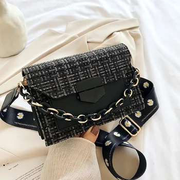

Wide Strap Messenger Bag Lady Street Chain Crossbody Bag Bags for Women 2020 New Luxury Handbags Plaid Shoulder Bags for Women