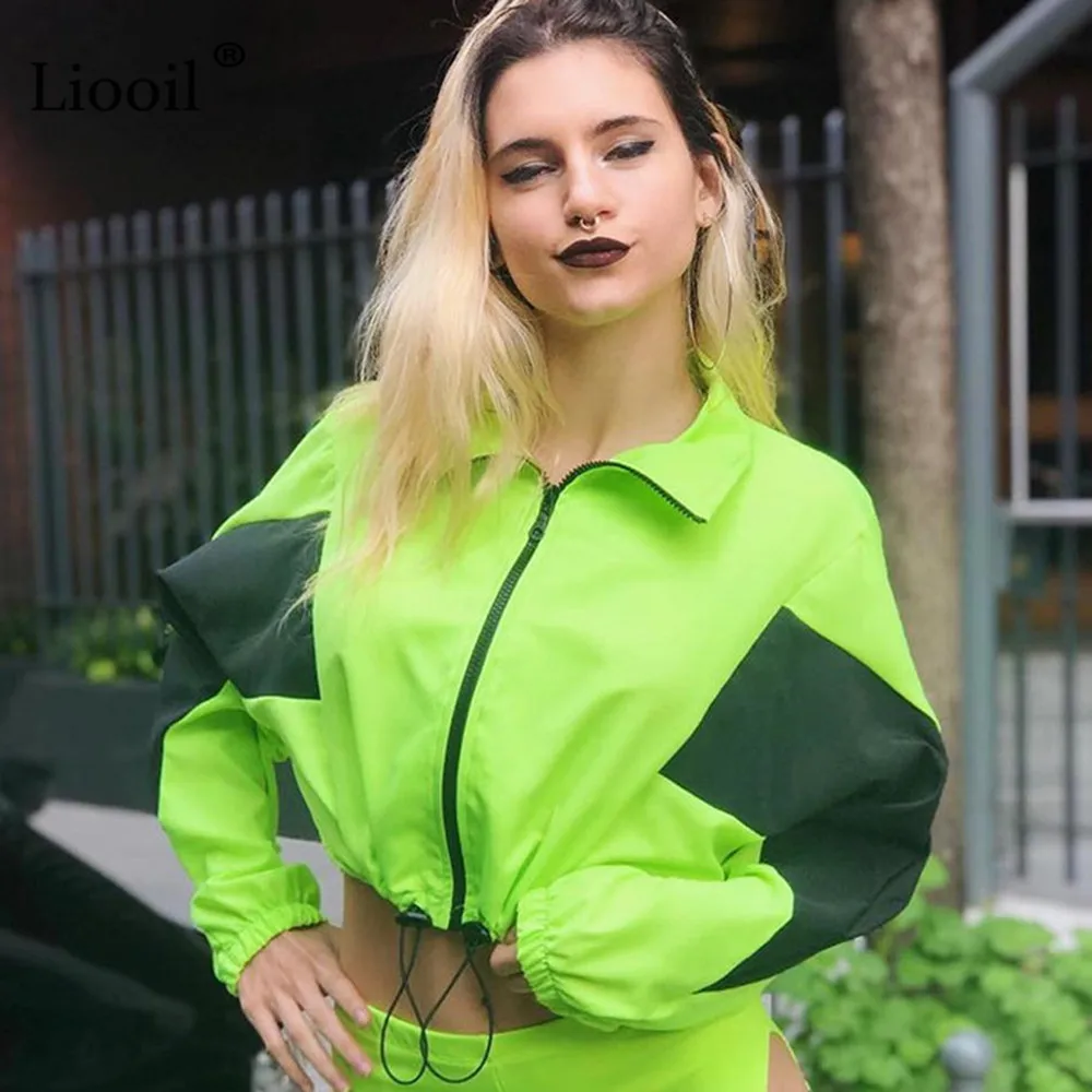 

Liooil Color Block Sexy Cropped Jacket Women Trending Products 2019 Coats Female Zip Up Neon Green Coat Sport Short Outerwear