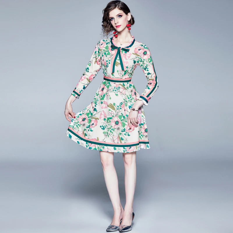 

2019 Autumn Fashion Runway Long Sleeve Ruffles Bow Dress Women's Belted Collar Multicolor Floral Print Vintage Elegant Dress