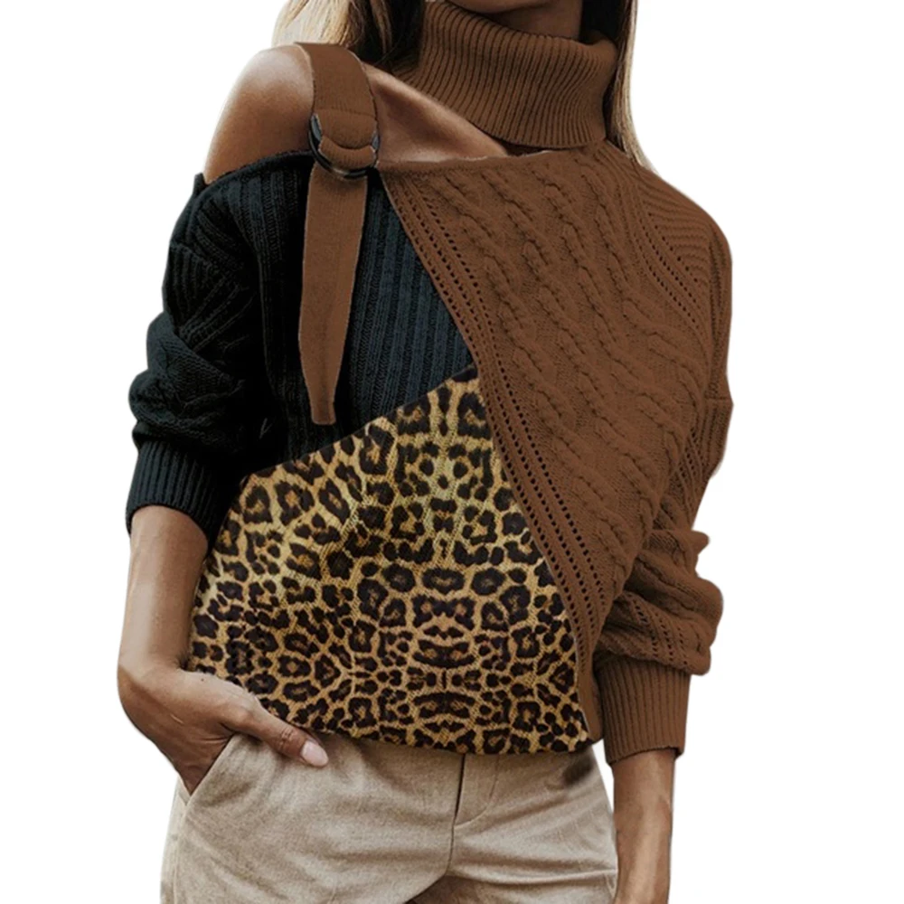 Леопардовый лоскутный свитер с высоким воротом, женский сексуальный леопардовый вязаный свитер с открытыми плечами, пуловер без бретелек с длинным рукавом и рукавом летучая мышь, топы - Цвет: brown