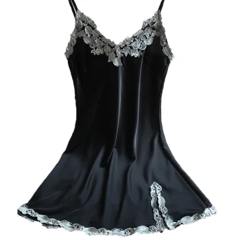 

Embroidery Sexy Female Nightwear Free Shipping 2019 Summer Ladies Silk Lace Nightgown With V-neck Spaghetti Straps Nightgowns