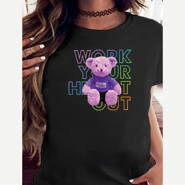 Fashion Bear Print Women T-Shirt Harajuku Round Neck Casual Loose Short Sleeve Summer Slim Soft Tops Clothing Hip Hop Streetwear 2bear008
