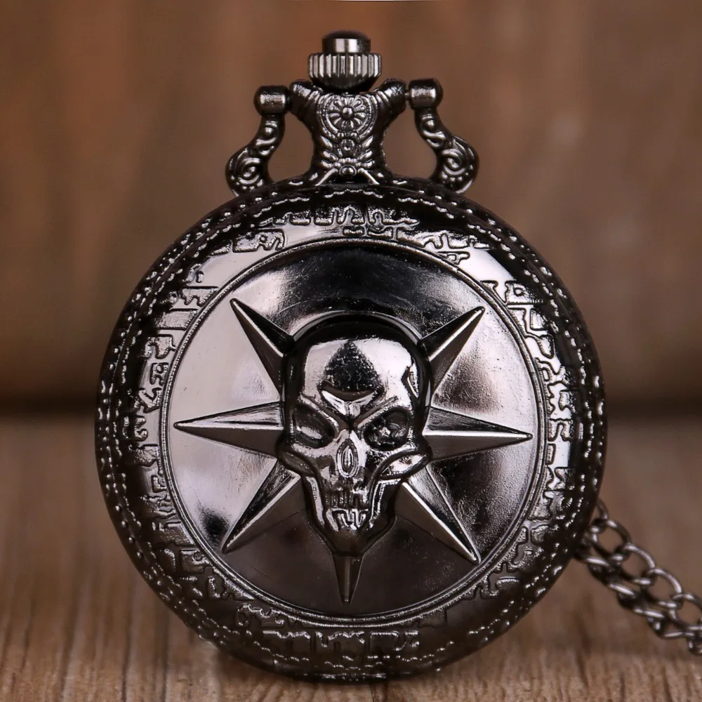 Винтаж Черный кварцевые карманные часы пустой череп цепи для мужчин женщин подарок, ожерелье с подвеской TD2010