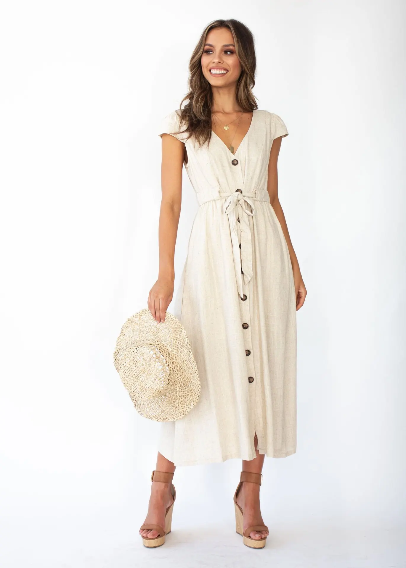 

2019 Cross Border Foreign Trade Spring And Summer New Style Simple Retro Single Breasted Small V-neck Dress WOMEN'S Dress