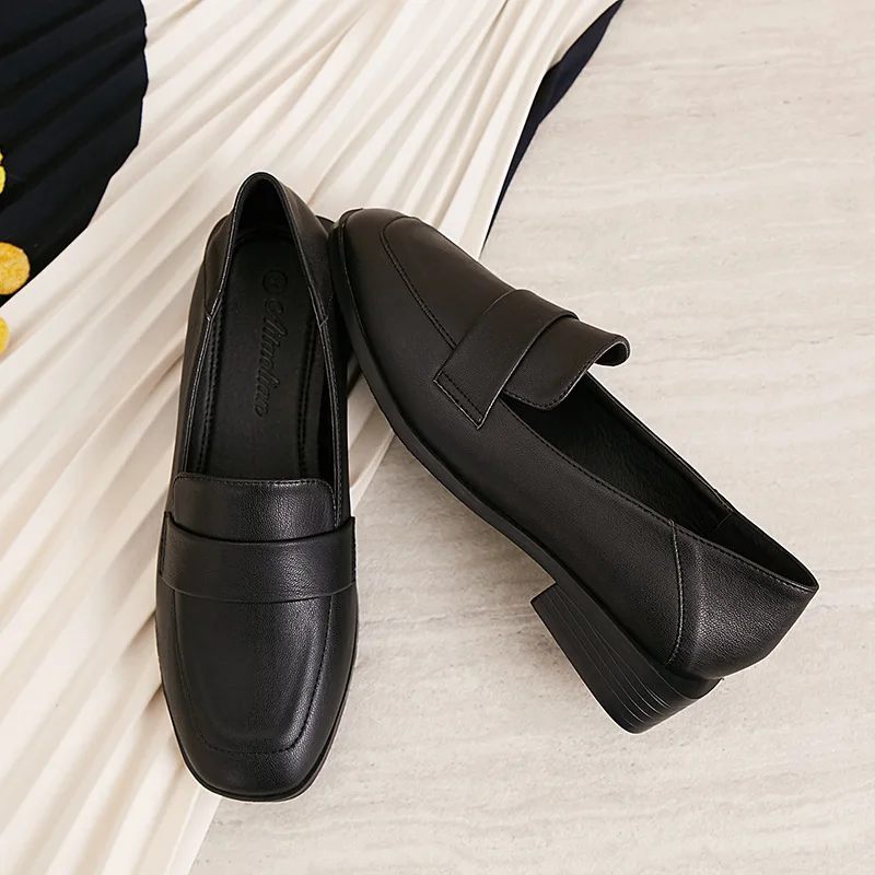 black no plush Brief moccasins square toe shallow women shoes casual comfy all match flats solid leather ladies wear resistant loafers footwear - Цвет: black no plush