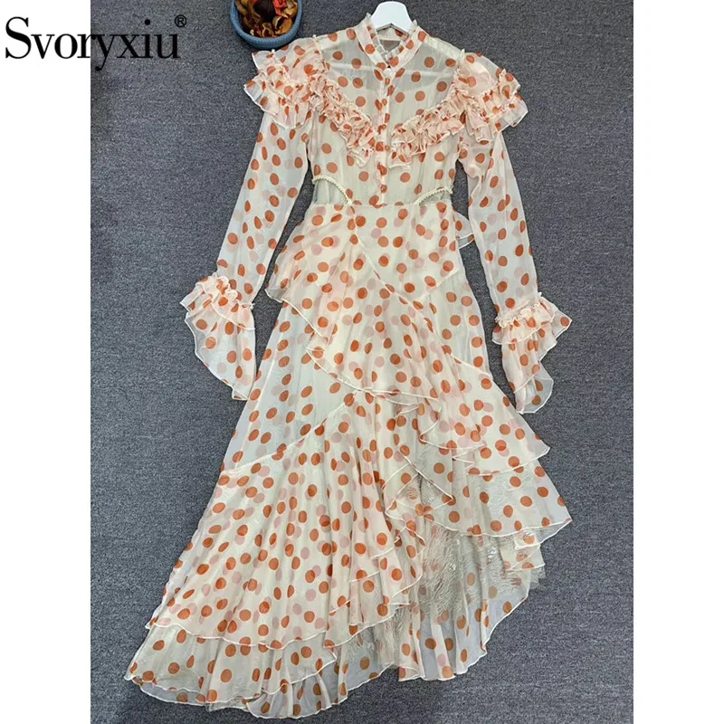 

Svcoryxiu Designer Autumn Party Ruffle Asymmetry Dress Women's Elegant Bell Sleeve Expose Waist Polka Dot Print Sexy Midi Dress