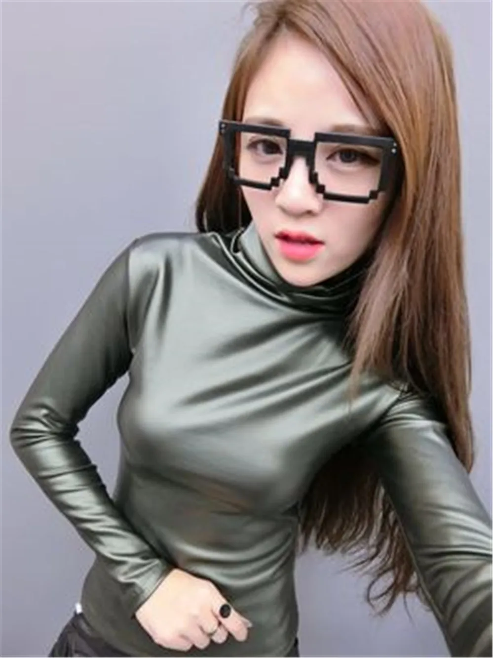 Korean Fashion 2020 Autumn and Winter New Fashion Turtleneck Solid Color PU Leather Long-sleeved Fleece Jacket Slimming Top 6