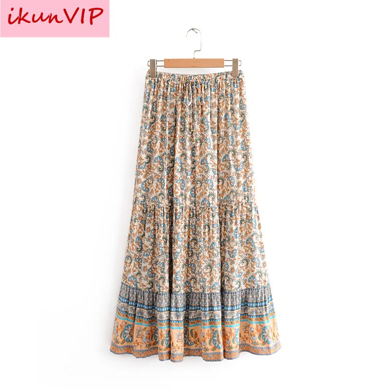 

ZA Vintage chic Hippie women floral peacock printed High Elastic Waist beach Bohemian skirt ladies Midi A-Line Boho skirt