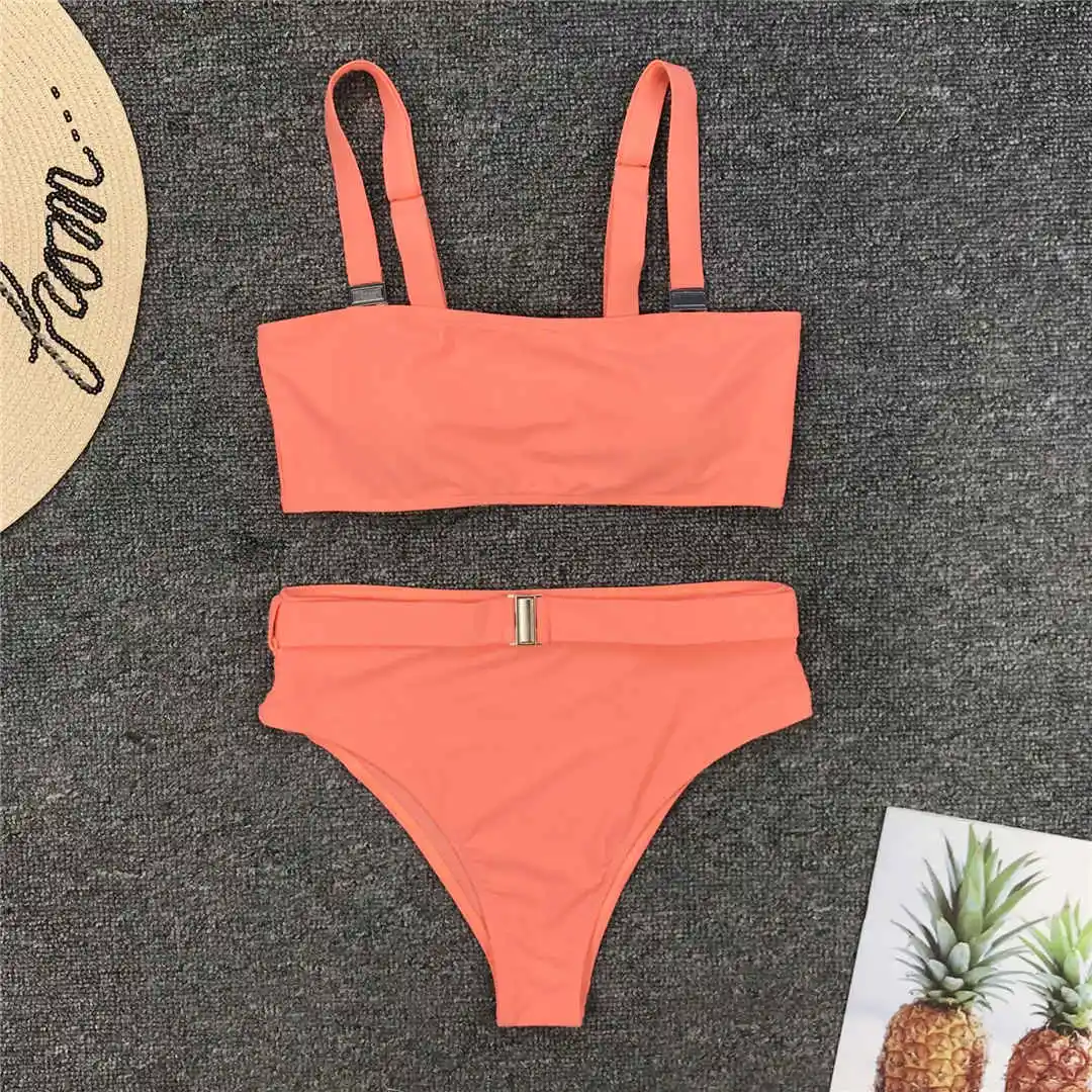 Orange Pink Sexy Bikini High Waist Swimsuit Women Swimwear Two-pieces Bikini set with Waist Band Bather Bathing Suit Swim Wear V1610 - Цвет: Orange Pink