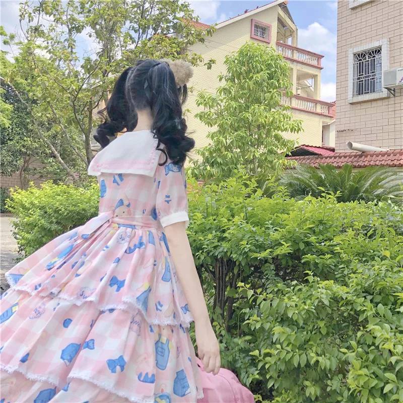 Japanese Summer Kawaii Soft Girls Dress Sailor Collar Bow Cartoon Little Bear Tutu Dresses Sweet Ruffled Lolita Cupcake Dress