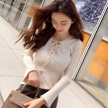 

Women Autumn Winter Fashion Sweaters Slim Solid Color Flare Sleeve V-neck Long Sleeve Knit Pullovers Sweater
