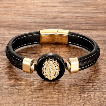 New Virgin Mary Bracelets For Women Round Natural Stone Men's Bracelets Gold Christian Jewelry Rope Chain Bangles