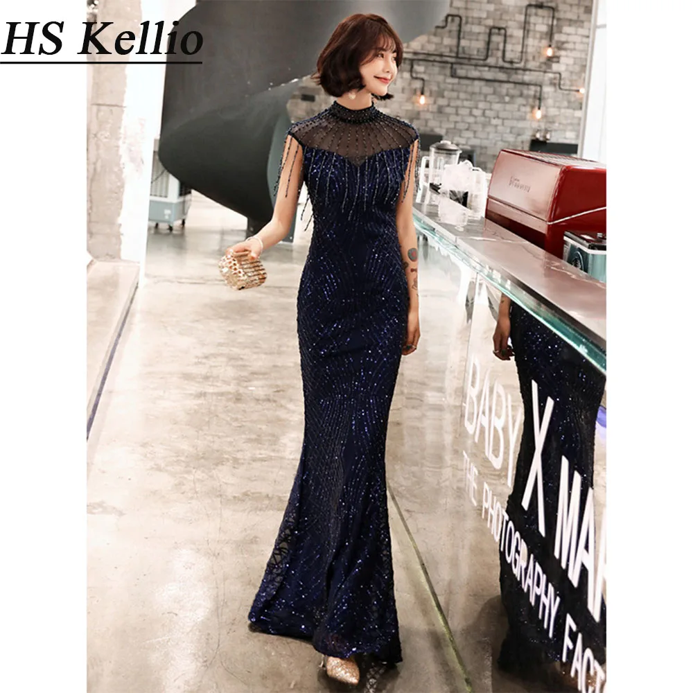 

HS Kellio Prom Dresses navy blue Sequined Lace Evening Celebrity Dress Mermaid Party Gown