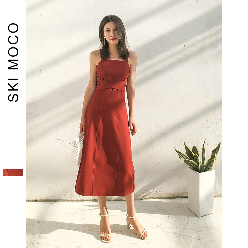 

Summer Dresses Women Retro Wine Red 2019 New Fashion Straps Bandage A Line Evening Party Prom high waist vestidos