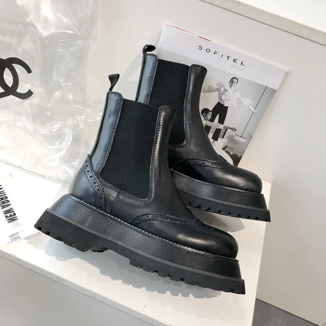 Популярные ботинки; женские кожаные ботильоны; Zapatos De Mujer; ботинки с резным узором; полуботинки с перфорацией типа «броги» на платформе с эластичным каблуком; женская обувь