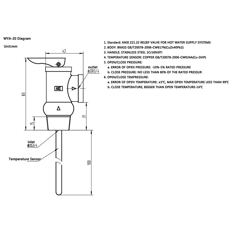 WYA-20 99C 101 PSI 210F WYA-20 0.7Mpa to Valve BSP 3/4 Inch Temperature and Pressure Relief Valve As TP Safety Valve