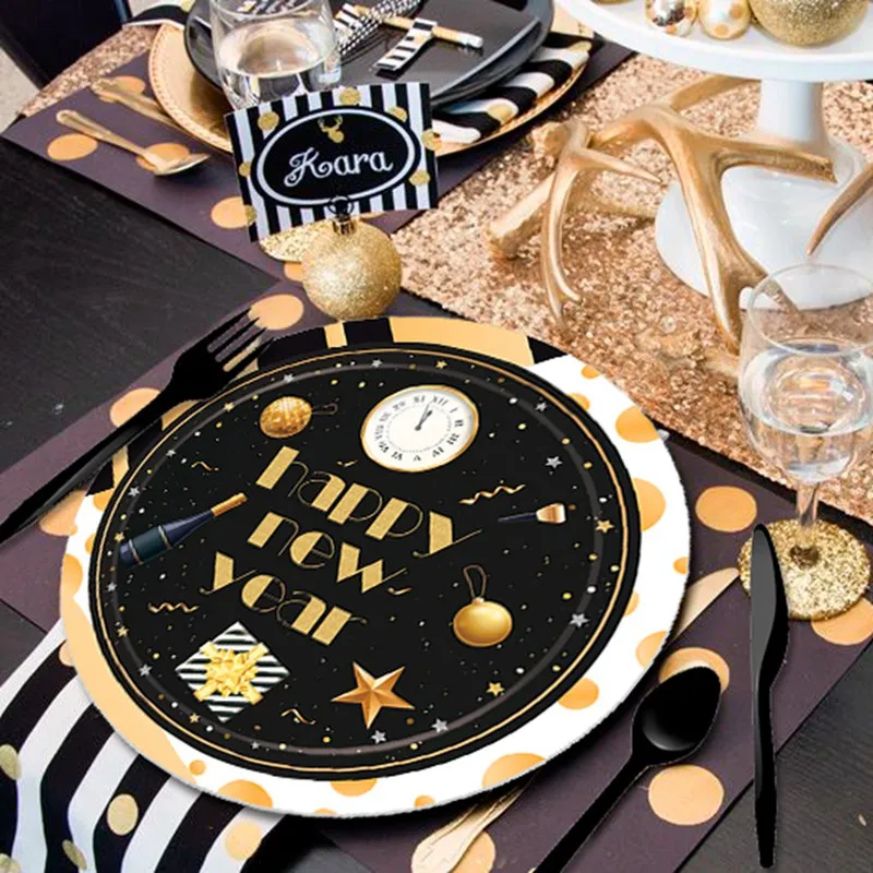 PATIMATE Black Gold Tableware Christmas Tableware Merry Christmas Decoration For Home Table Happy New Year Decor Navidad