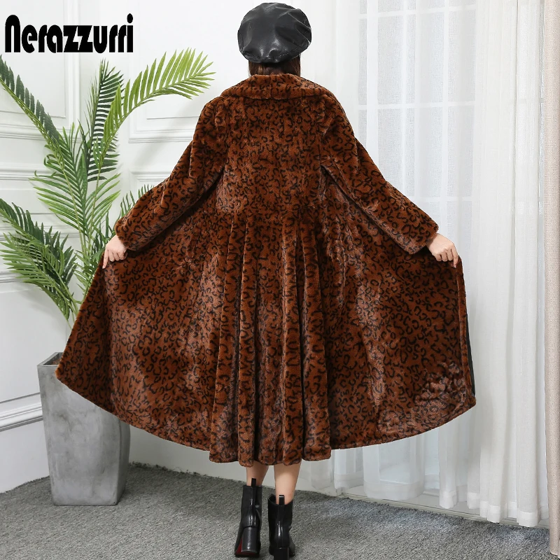 Caramel leopard Nerazzurri Элегантное длинное пальто из искусственного меха женская этикетка Леопардовый принт пушистое шуба из искусственного меха большого размера зимняя верхняя одежда 6xl 7xl плюс размеры для женщин шуба из экомеха - Цвет: Caramel leopard