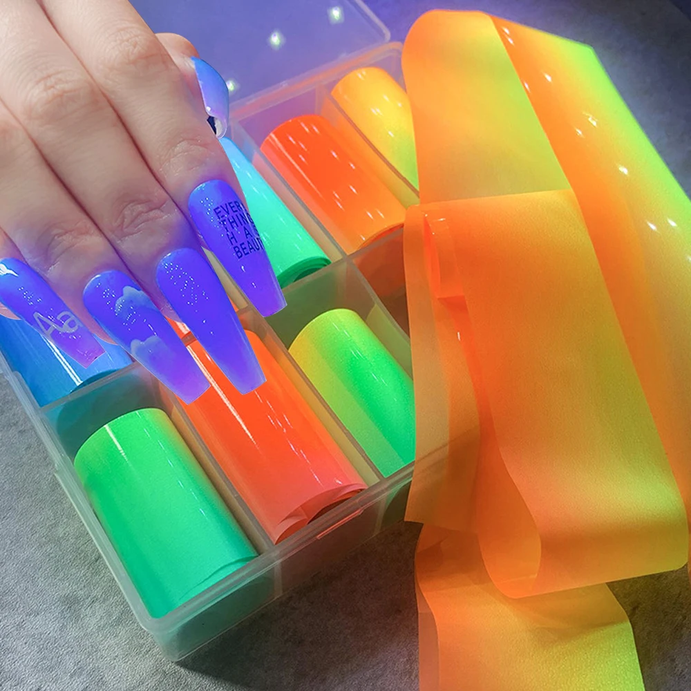 

10Rolls 100X4cm OMBRE FOIL Neon Nail Art Transfer Foil Sticker Set Designs*10 Gradient Laser Paper Slider Nail Foil Sticker Foil