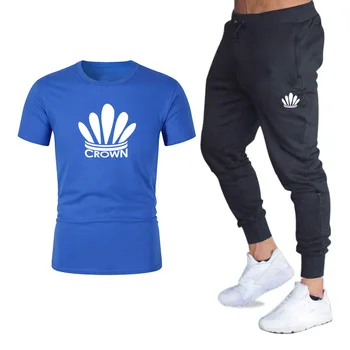 

Summer men's cotton T-shirt long casual pants two-piece print round neck design comfortable 16-color couple T-shirt + pants