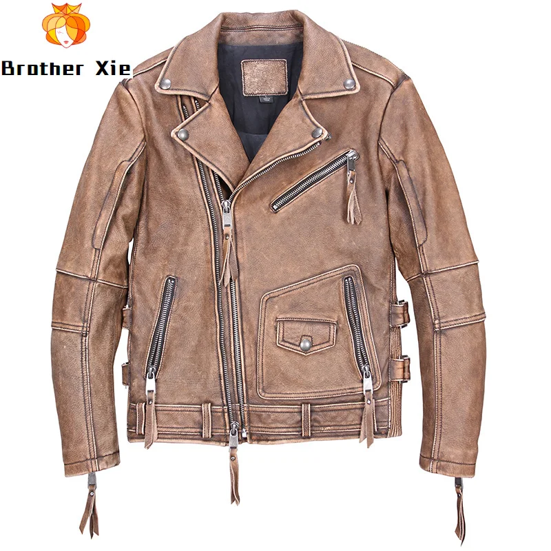 

Vintage Genuine Cowhide Leather Motorcycle Biker Jacket with Belt Multi Zippers Slim Real Leather Jacket Male R3243