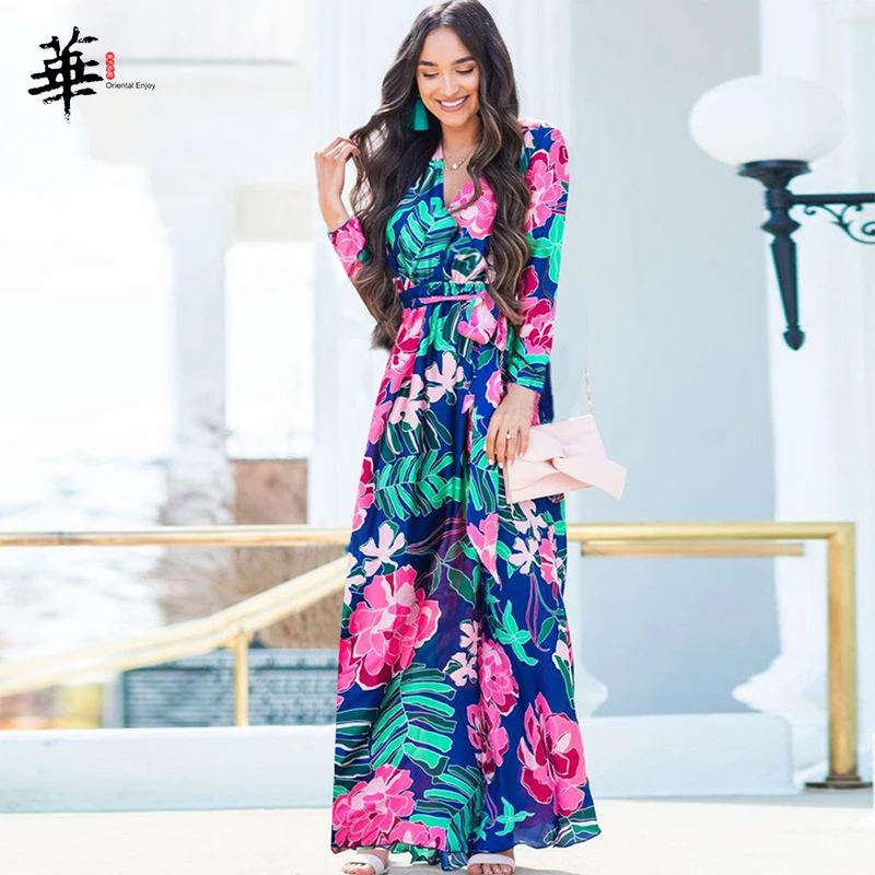 Boho Многоцветный цветочный принт V шеи поясом платье макси с длинным рукавом 2019