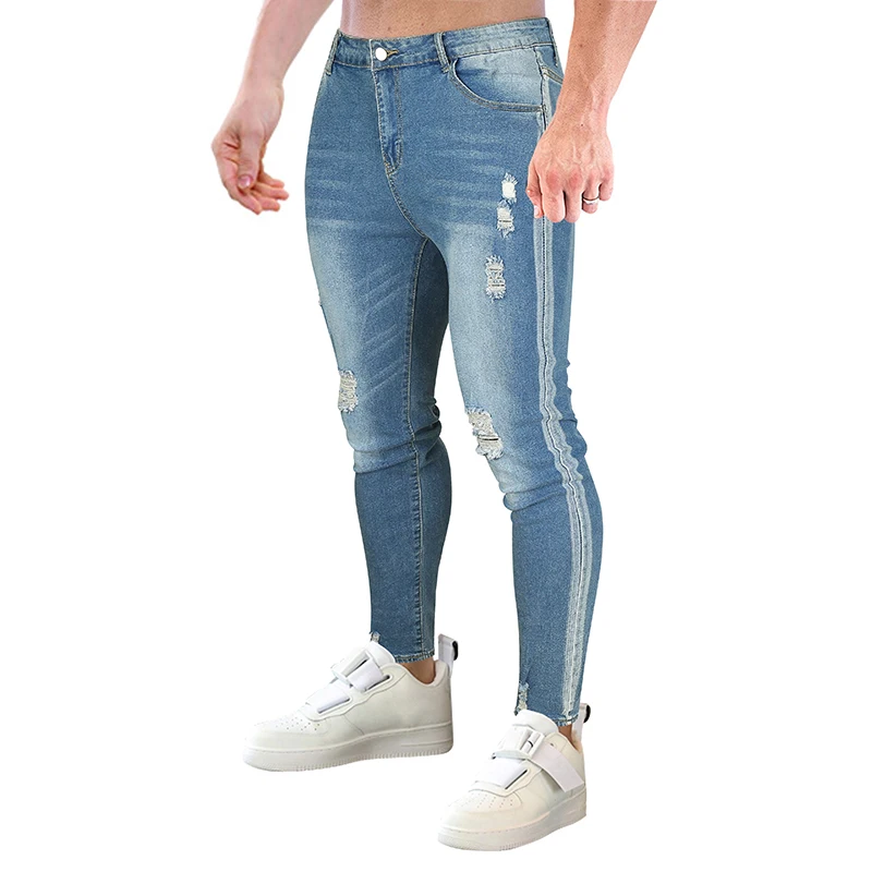 Make Old Ripped Skinny Denim Pants Stretch Slim Light Blue Casual Pants New Men 'S Solid Color