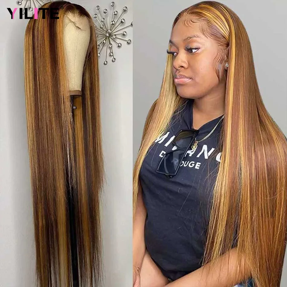 13x4 Highlight Wig Lace Frontal Human Hair Wigs Honey Blonde Brazilian Straight 4x4 HD Closure Remy For Women | Шиньоны и парики