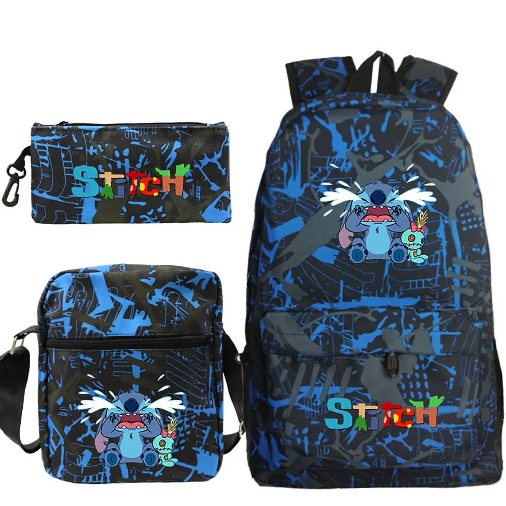 2021 New Stitch Angry Cartoon Print Elementary School Backpack Set Student Schoolbag+Shoulder Bag+Pencil Case Three-Piece Set