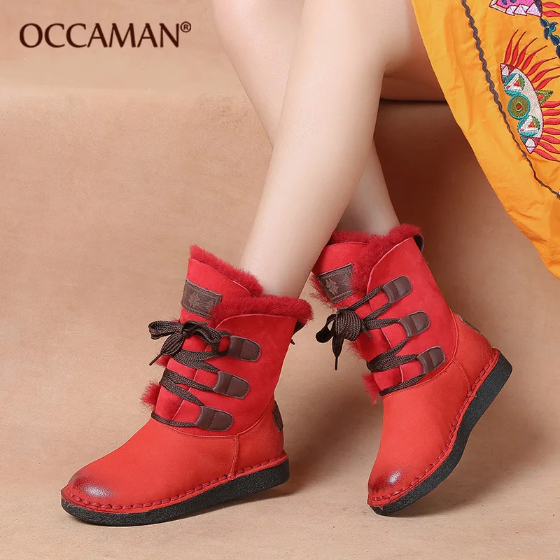 

OCCAMAN Winter New Original Warm Wool Round Toe Snow Boots Retro Leather Lace Up Low Flat Boots 16148