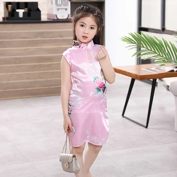 

Chinese New Year Girl Cheongsam Dress Traditional Costumes Satin Silk Peapock Print Sleeveless Kids Girl Qipao Dress Gift