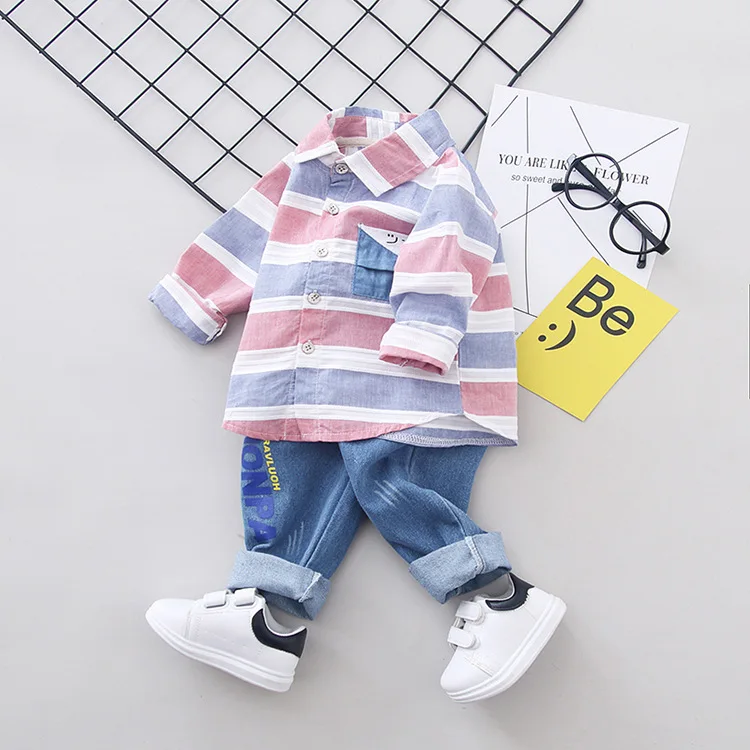 

Childrenswear 2019 Spring Set Korean-style Men And Women Children Striped Shirt Jeans Children Two-Piece Set