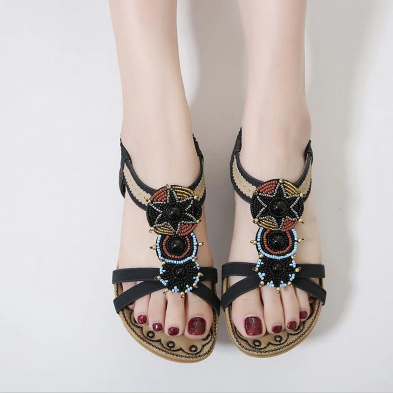 Женские босоножки с бусинами на плоской подошве|thongs shoes|beach shoessandals beads |