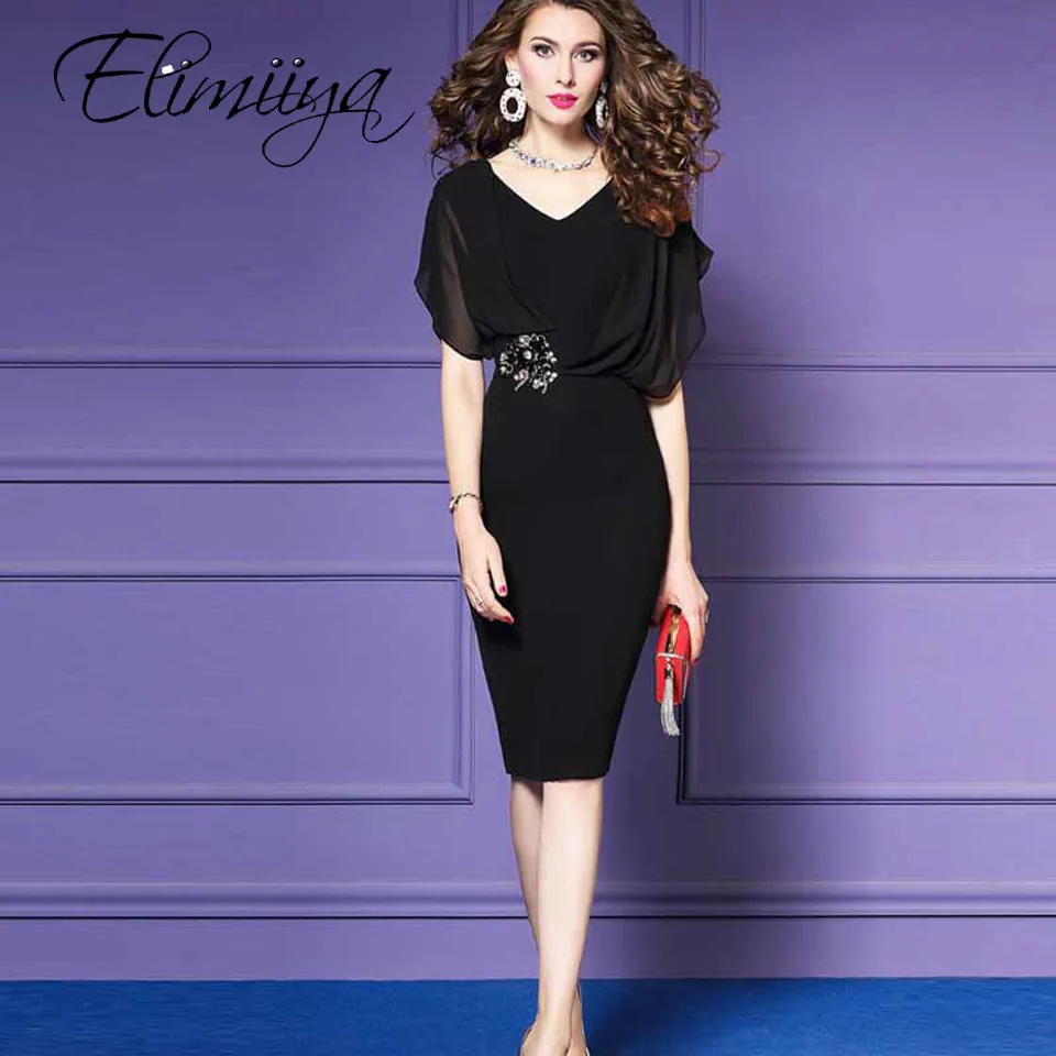 

Elimiiya Women Office Flare Sleeve Midi Dress V-neck Bag Hip Dress Summer Black Dress Applique Elegant Dresses Vestido