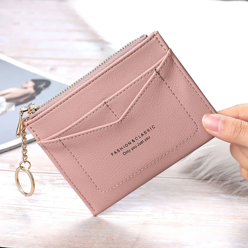 

Ultra-thin Women's Zip Wallet Card Holder With Keychain Wallet Coin Purse New Pure Color Fresh