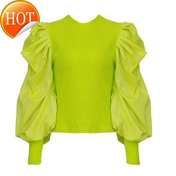 

Knitting Women's Patchwork Sweaters O Neck Puff Long Sleeve Tunic Ruched Female Sweater Clothing Fashion 2020 Tide