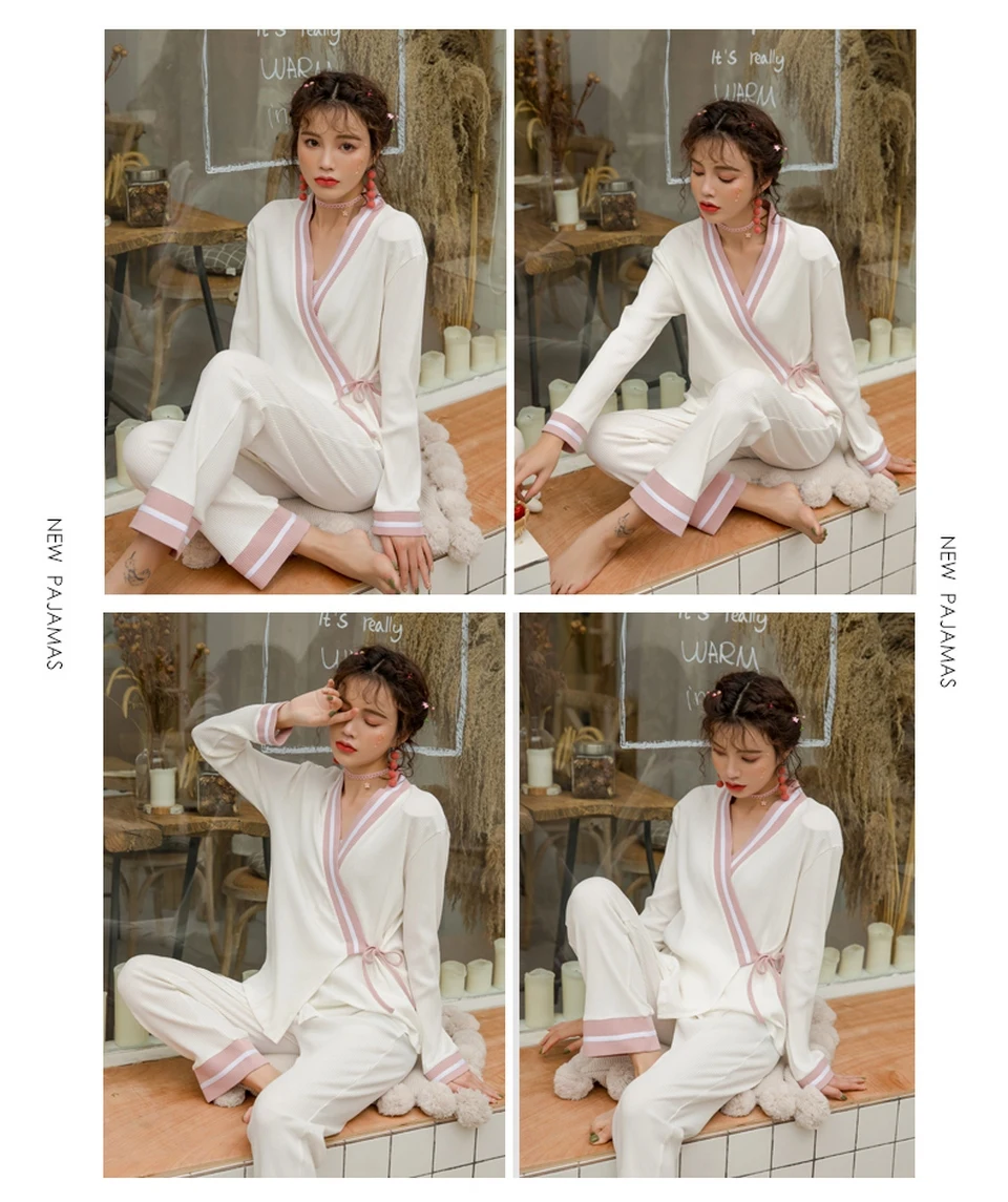 Новая Корейская одежда для беременных женщин и молодых матерей одежда для сна с v-образным вырезом ночная рубашка для кормления мягкая хлопковая Пижама для беременных женщин Пижама для грудного вскармливания костюм A348
