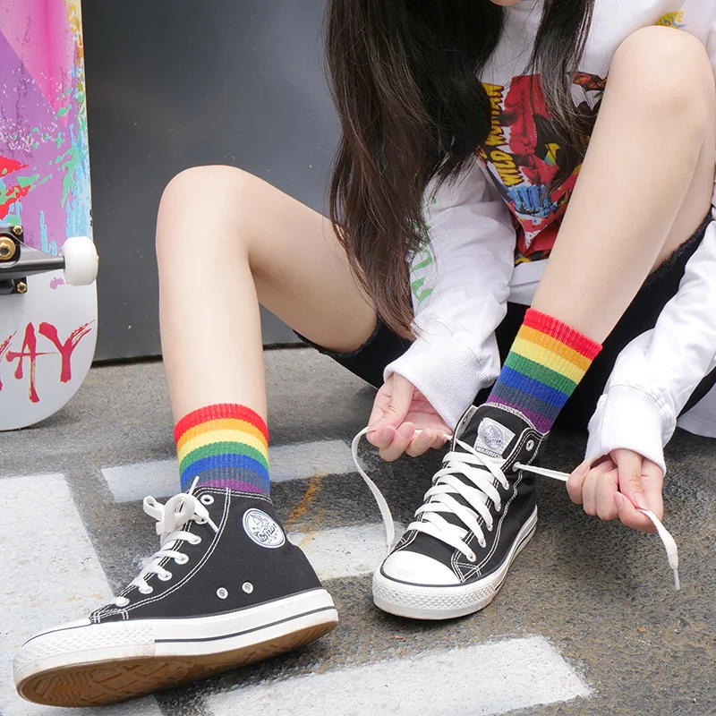 Новые модные радужные носки хлопковые спортивные носки для велоспорта милые женские носки в Корейском стиле в стиле хип-хоп женские длинные носки Harajuku уличная одежда Sox
