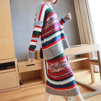 

National Style V-Neck Sweater Knitted Set Women Tops High Waist Midi Skirt Two Piece Set Long Sleeve Loose Suit