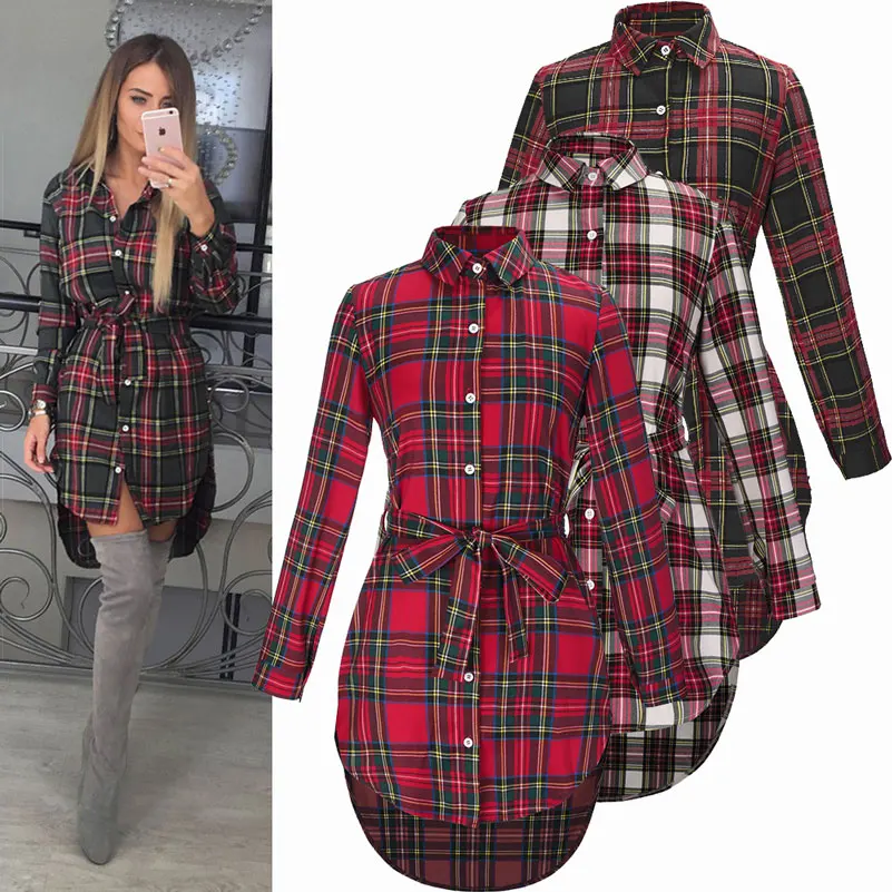Kopen 2019 Winter Rode Plaid Jurk Lange mouwen Casual Hot Plaid Dress Shirt Bodycon Plus Size Katoen Plaid Mini Jurk Party vestidos