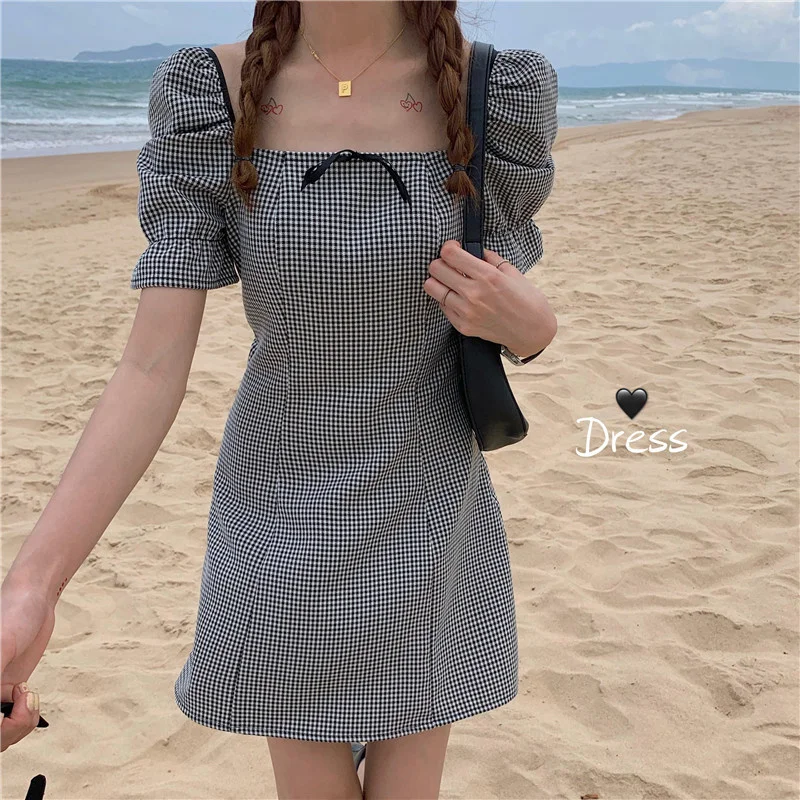 

Women Clothes maxi Harajuku Dresses 2023 New Plaid simple Square neck A-line Dress Puff Shorts Sleeve French Women Dresses