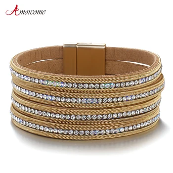 

Amorcome Multilayers Rhinestone Leather Bracelet for Women 2020 Fashion Crystal Charm Wide Wrap Bracelets & Bangles Jewelry