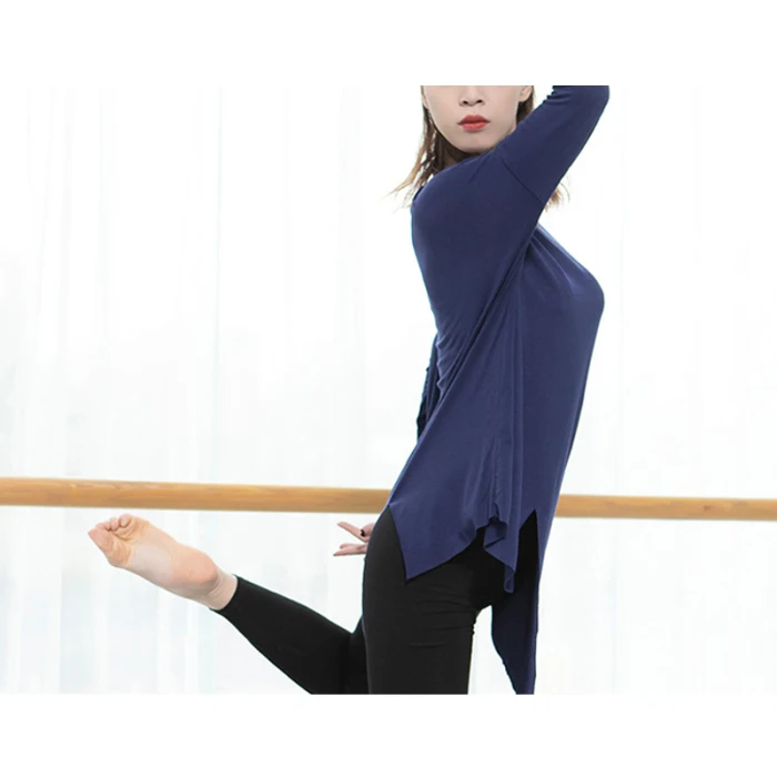 Women Split Solid Color Round Collar Long Sleeve Top Breathable Costumes for Dancing TS95