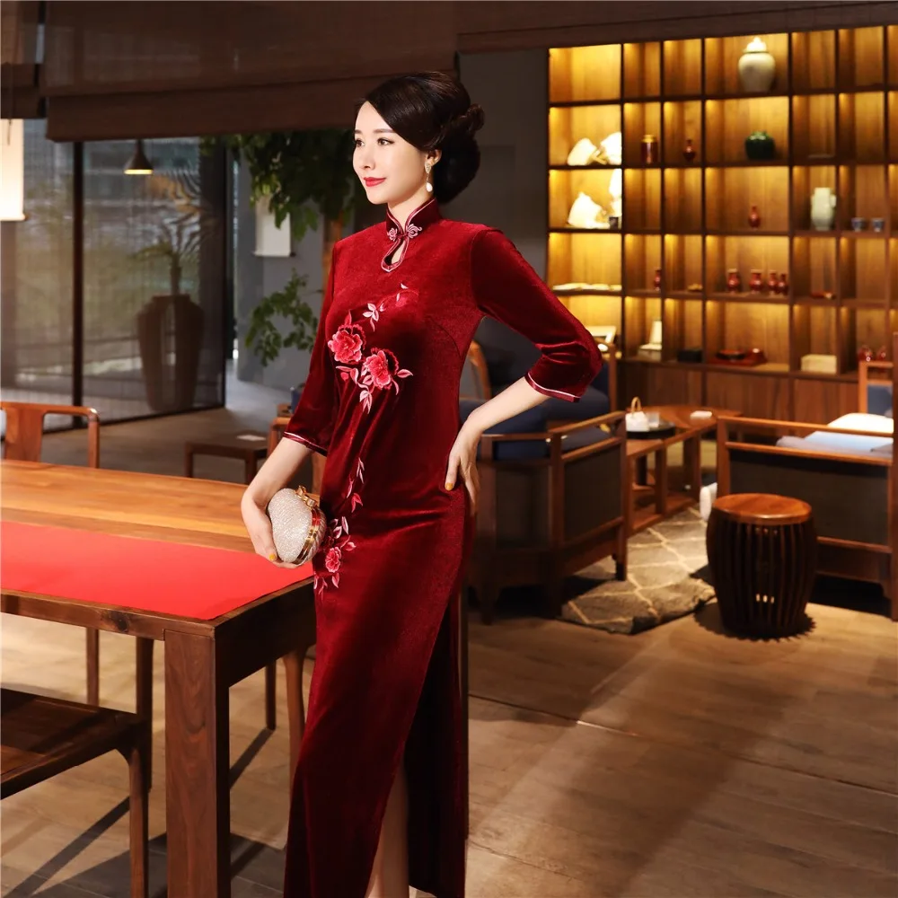 Шанхай история бархат Cheongsam китайское платье вышивка Qipao длинное