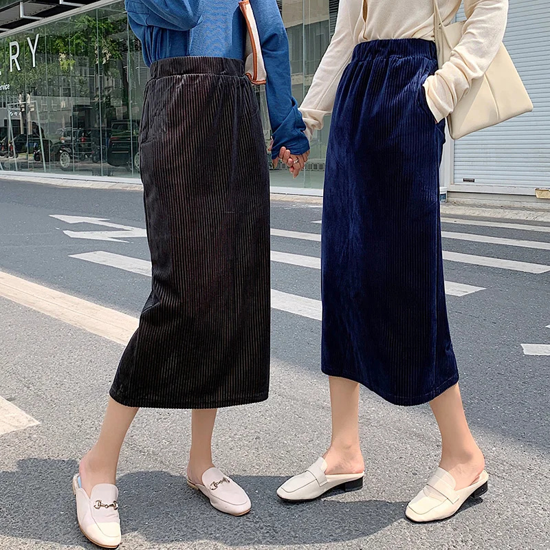 Глянцевые вертикальные полосатые Вельветовые женские длинные юбки эластичные с высокой талией с разрезом сзади Корейская женская юбка harajuku миди юбка-карандаш