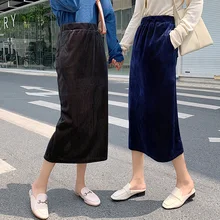 Глянцевые вертикальные полосатые Вельветовые женские длинные юбки эластичные с высокой талией с разрезом сзади Корейская женская юбка harajuku миди юбка-карандаш