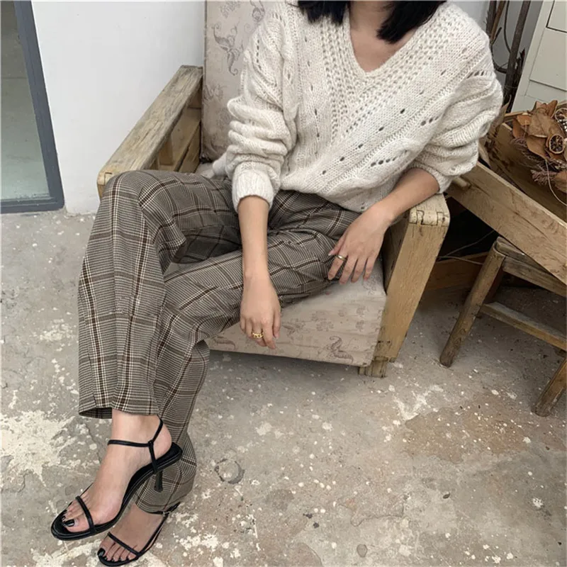 

Back Elastic Plaid Straight Trousers 2020 Plaid Winter Pants Women