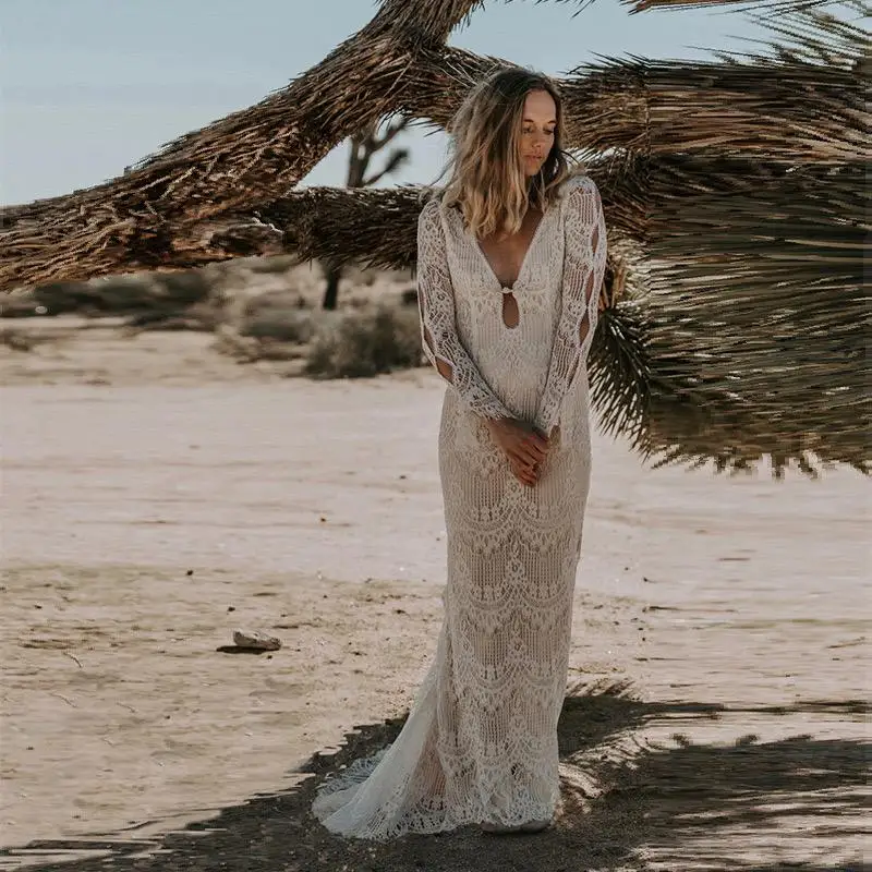 

Boho Mermaid Wedding Dress for Bride 2020 Long Sleeve Lace Beach Bridal Gowns Bohemain Bride Dresses Plus Size Backless